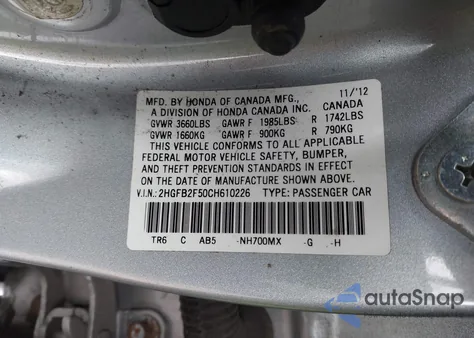 2012 Honda Civic Lx from USA, damaged, VIN 2HGFB2F50CH610226